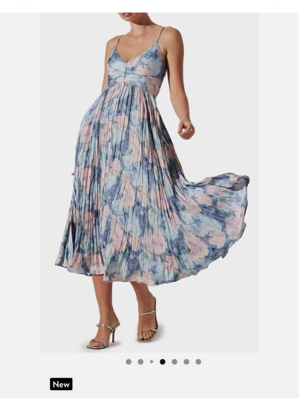 Astr Floral Pleated Midi Dress in Blue & Pink medium